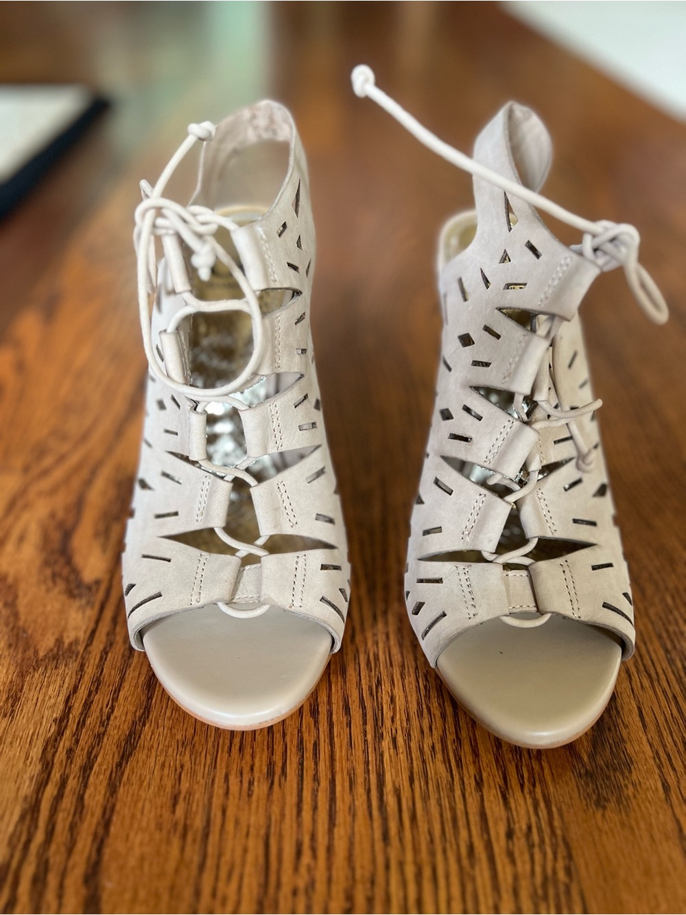 Gianni Bini Laser Cut Lace-Up Heels in Tan